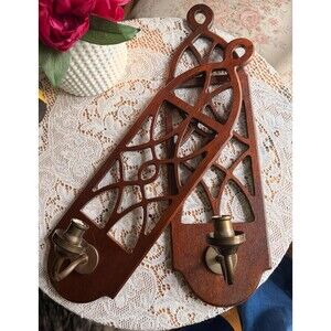 Vintage Knob Creek Wood Sconces – Gothic Arch Fretwork Candle Holders (Set of 2)